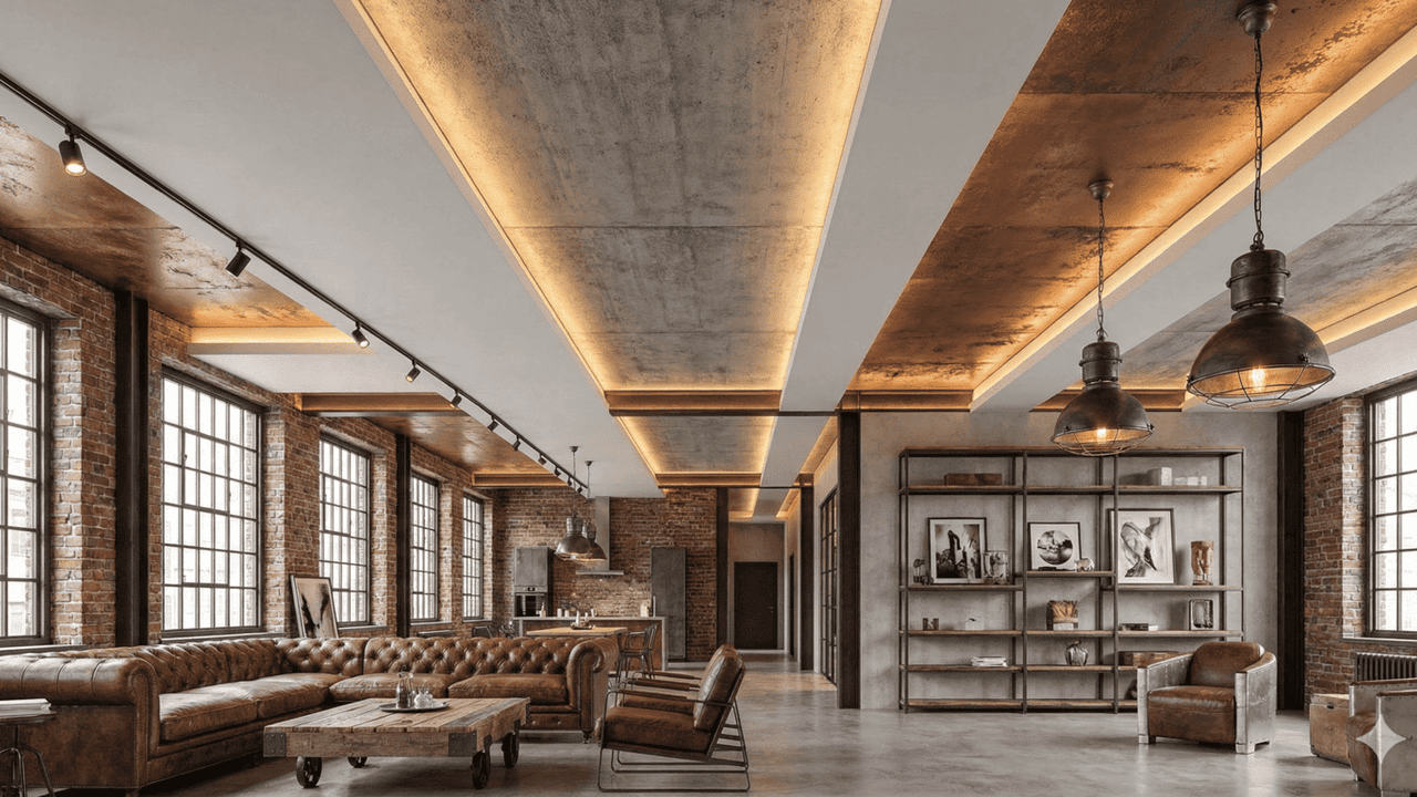 Фото Элитные натяжные потолки в лофт-интерьерах: индустриальный шик и премиальные материалы 2026 - 1