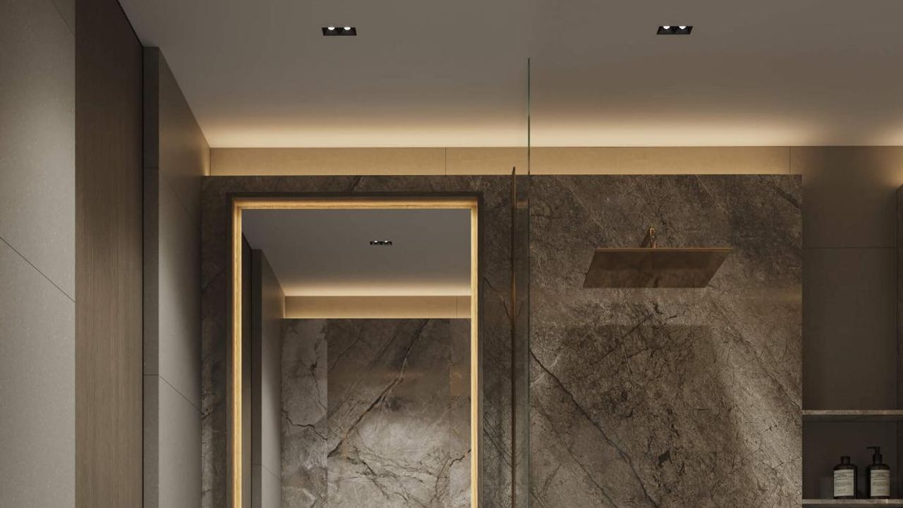 Фото Спа-лаконизм: матовый потолок в ванной комнате с каменной плиткой - 4