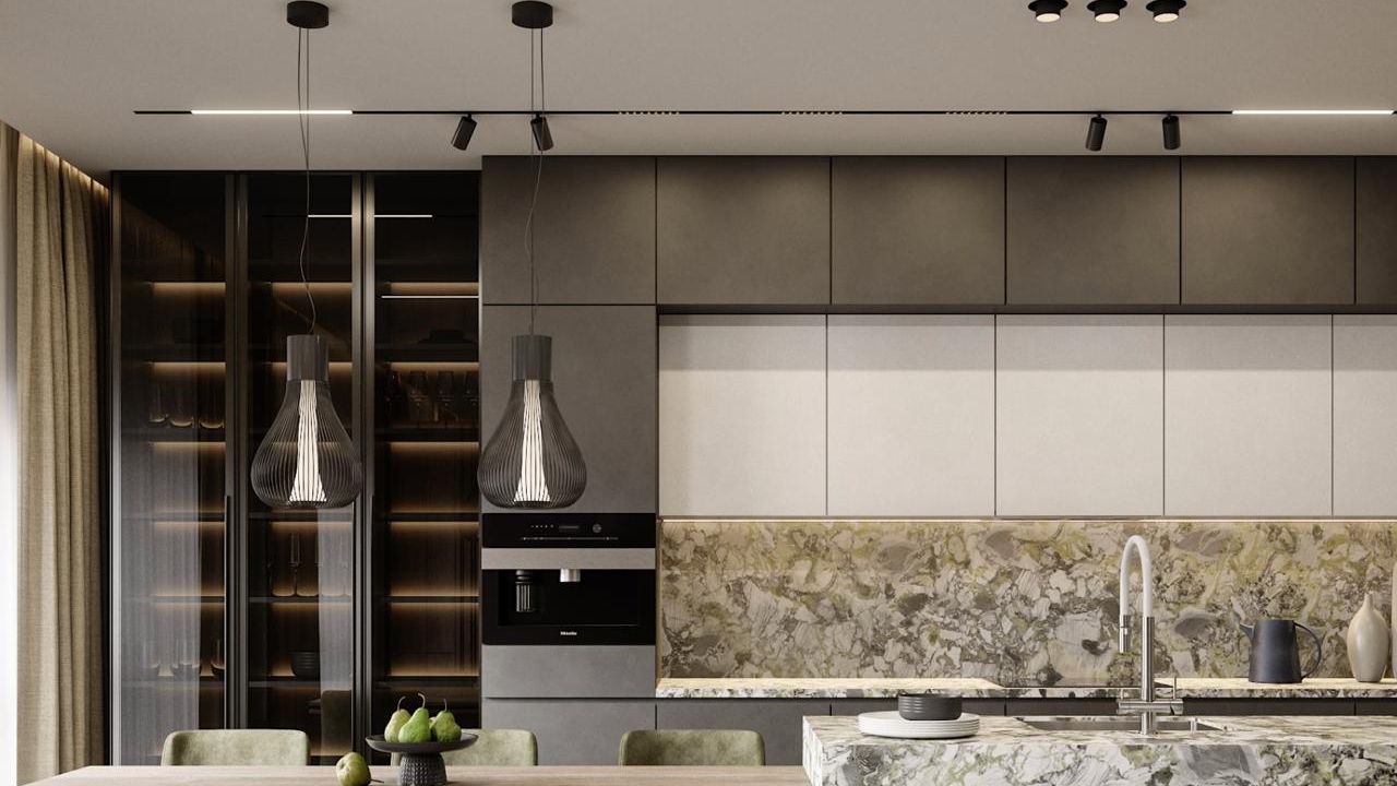 Фото Лаконичный контраст: матовый потолок в кухне с фактурой камня - 4