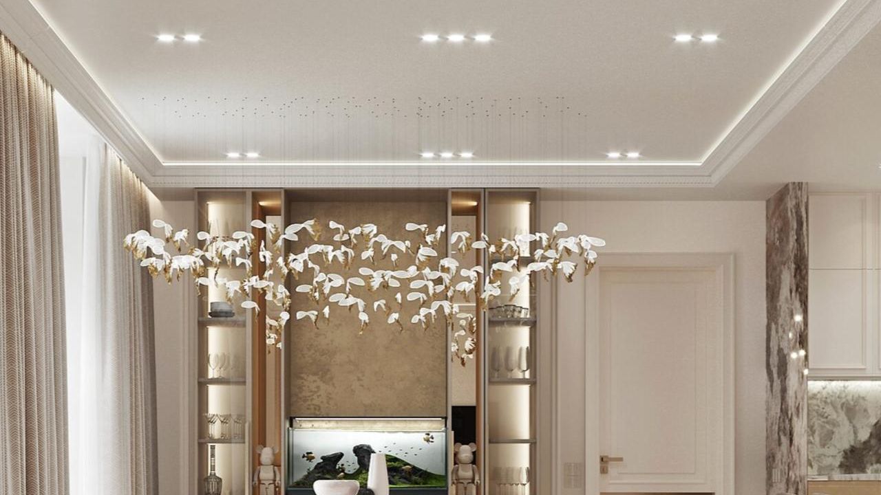 Фото Лаконичный контраст: матовый потолок в современной гостиной с каменными акцентами - 1