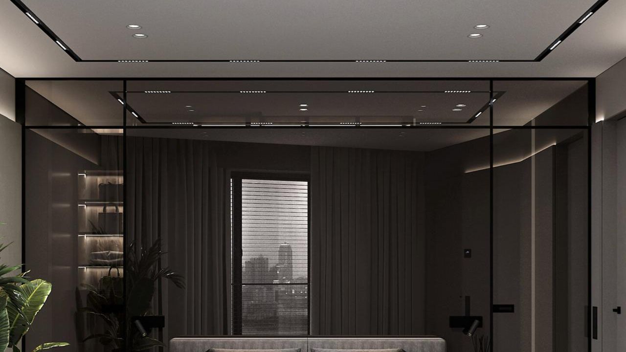 Фото Индустриальная тишина: матовый потолок в серой спальне-лофт - 1