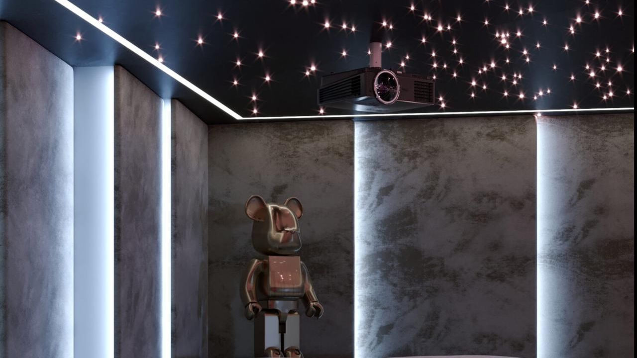 Фото Звёздная бездна: парящий потолок с фотопечатью ночного неба в лаунж-гостиной - 1