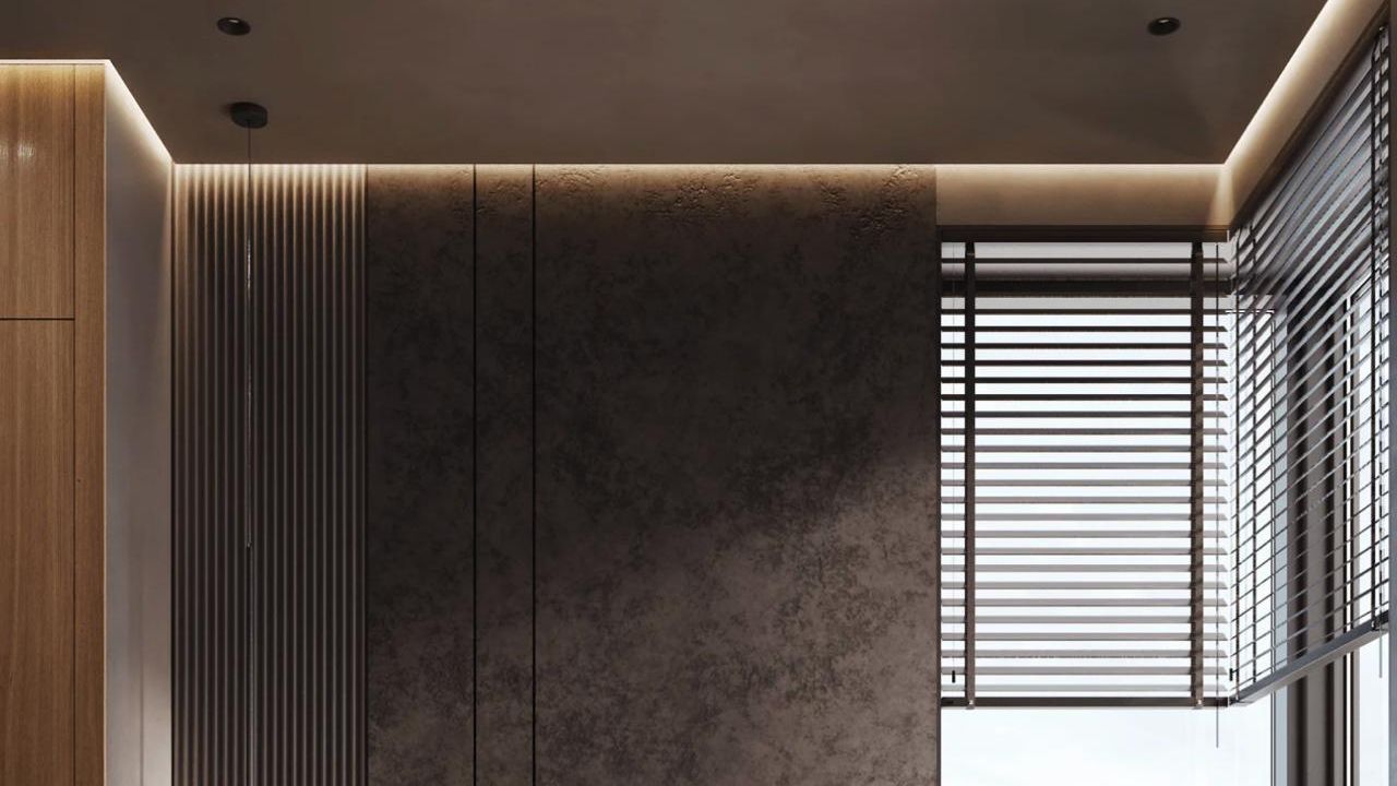 Фото Тёплая геометрия: парящий потолок в спальне с цветовым акцентом - 1